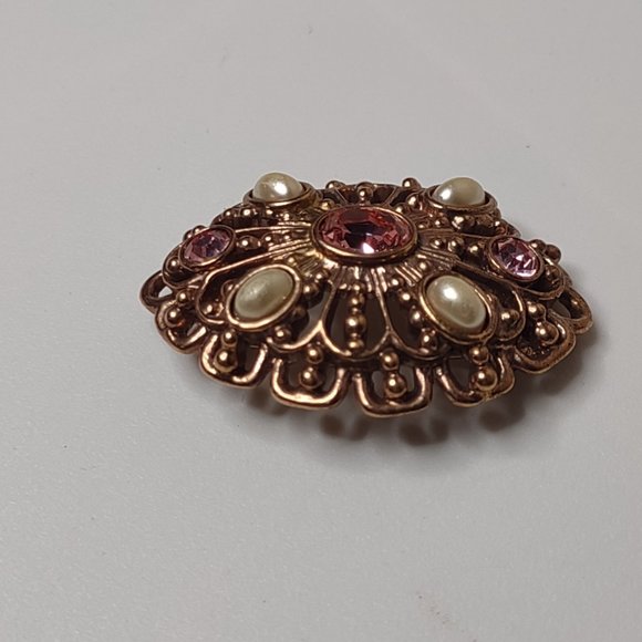 Vintage Gold Tone With Pink Stones Oval Shaped Brooch - Picture 9 of 16